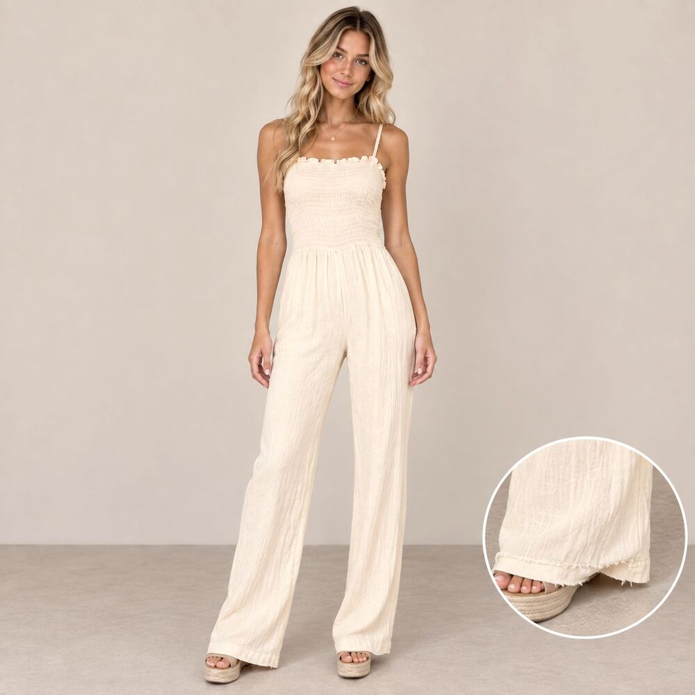H&M Women’s Size XS Cream Linen Smocked Bodice Wide Leg Jumpsuit Boho Romper